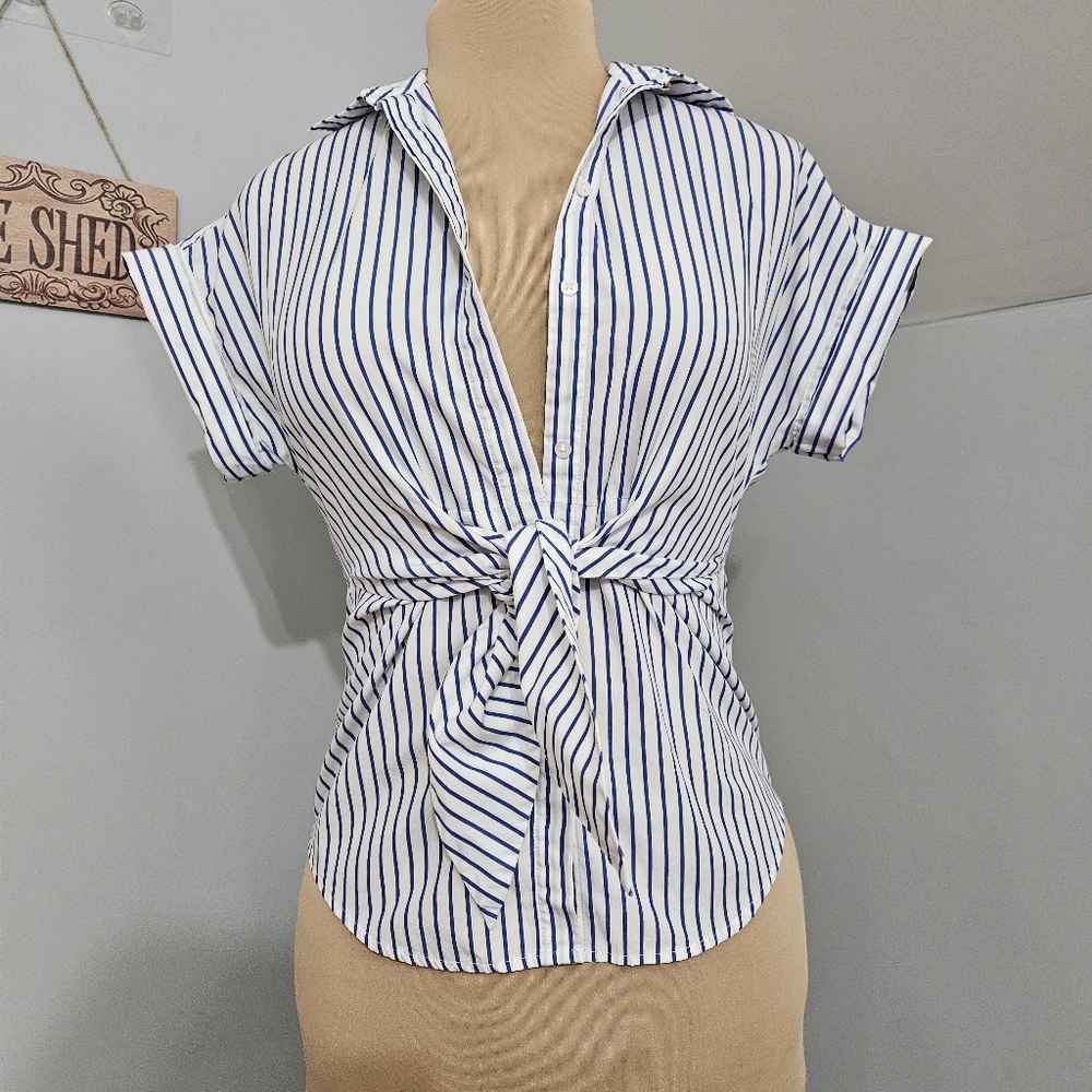 Lauren Ralph Lauren Blue White Stripe Wrap Blouse Short Sleeve XS Summer Resort - Picture 3 of 16